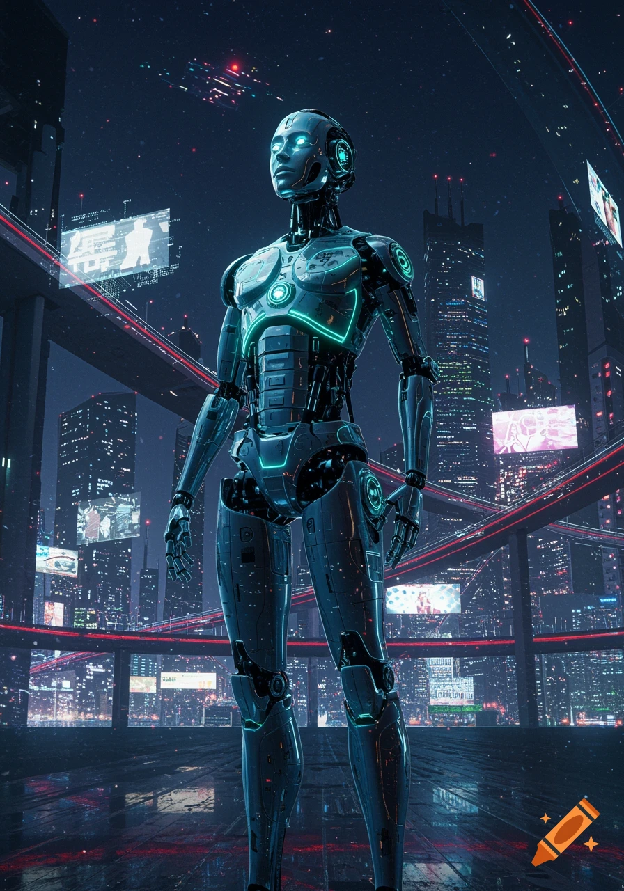 A sleek, metallic robot with glowing blue accents stands in a futuristic city at night with towering buildings and illuminated skyways.