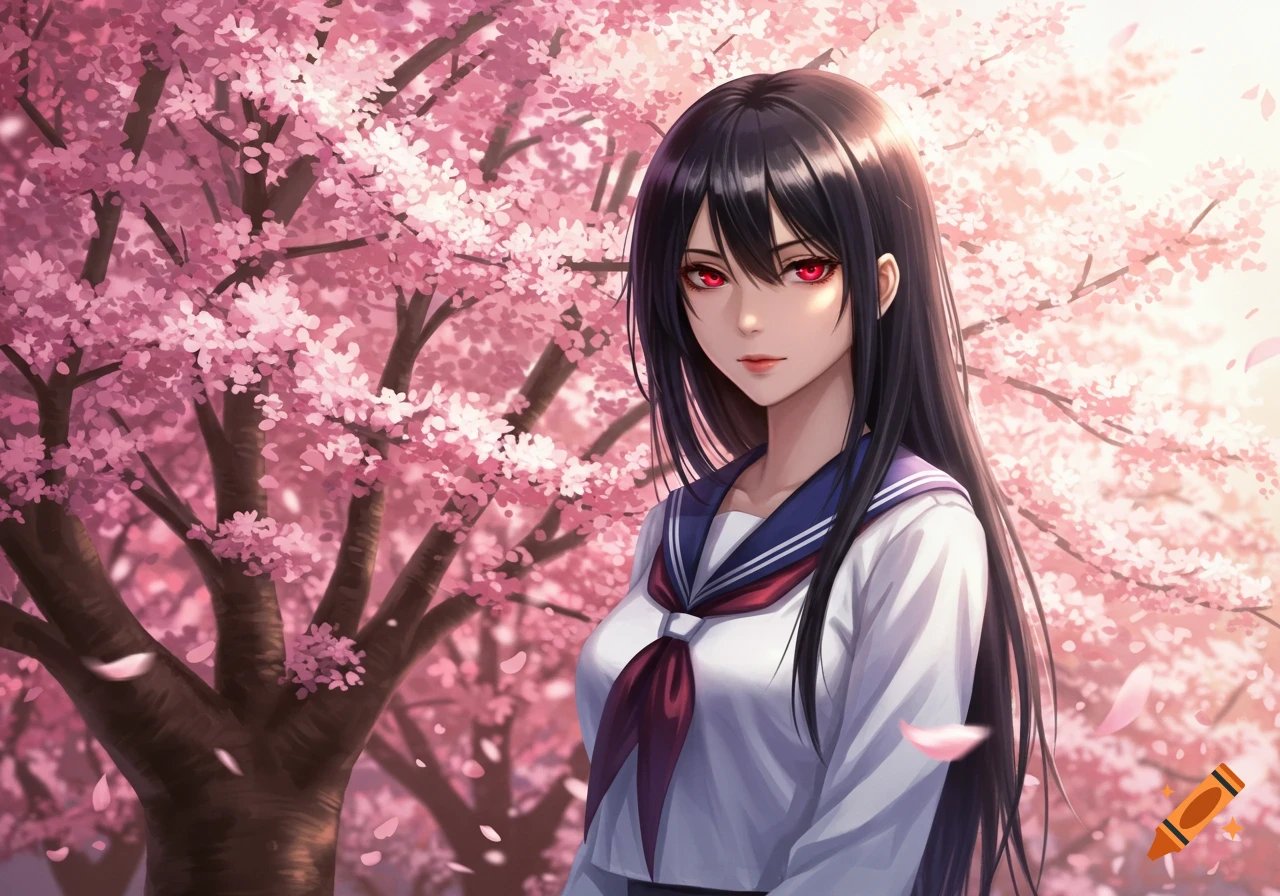 An anime girl with long black hair and red eyes, wearing a white school uniform, stands in front of blooming pink cherry blossom trees.