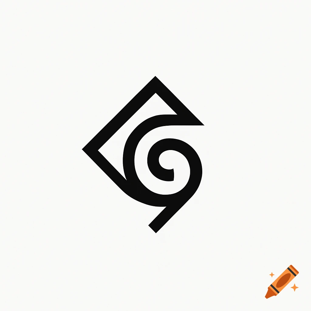 An abstract black logo with a spiral shape inside a geometric outline on a white background.