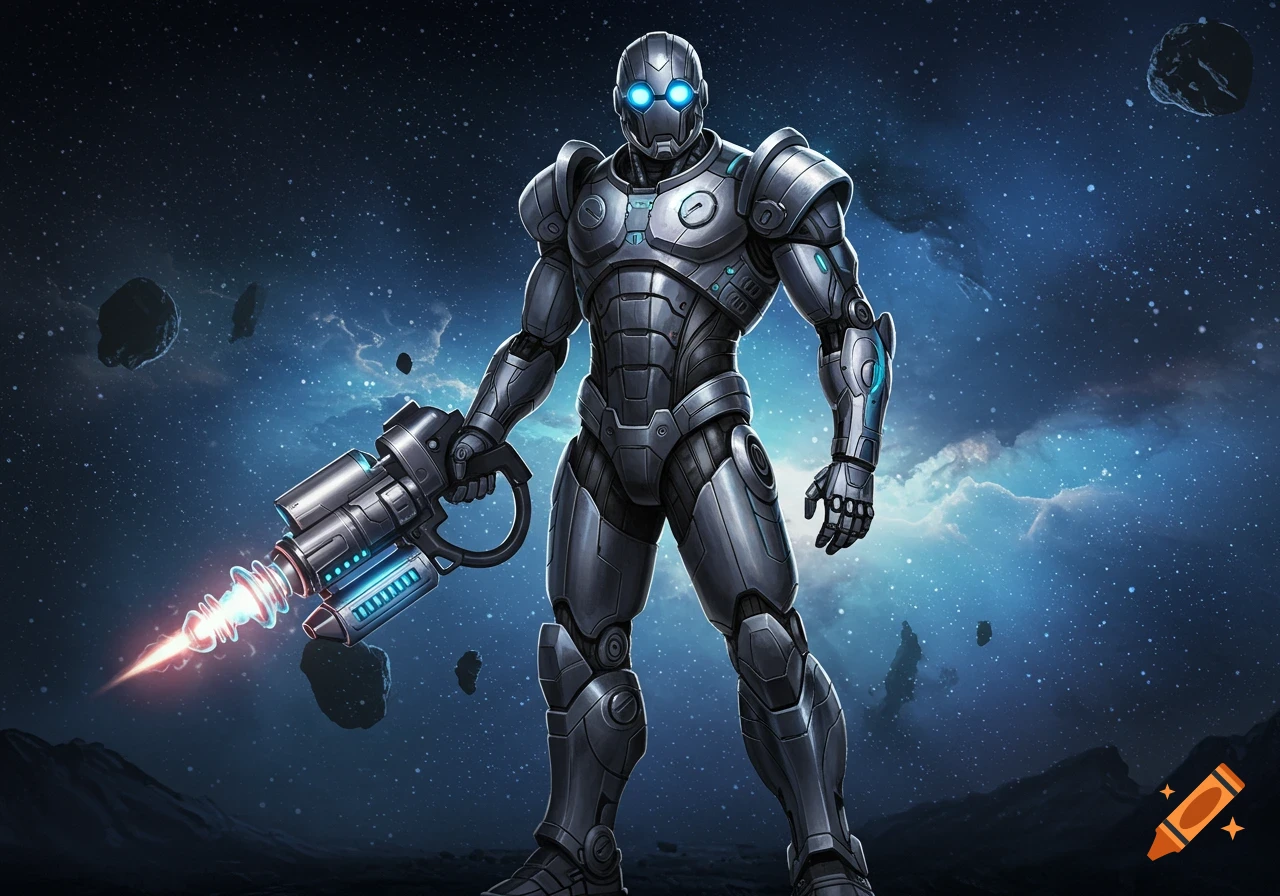 A heavily armored silver robot with glowing blue eyes stands on a desolate planet holding a powerful ray gun, set against a vibrant space nebula.