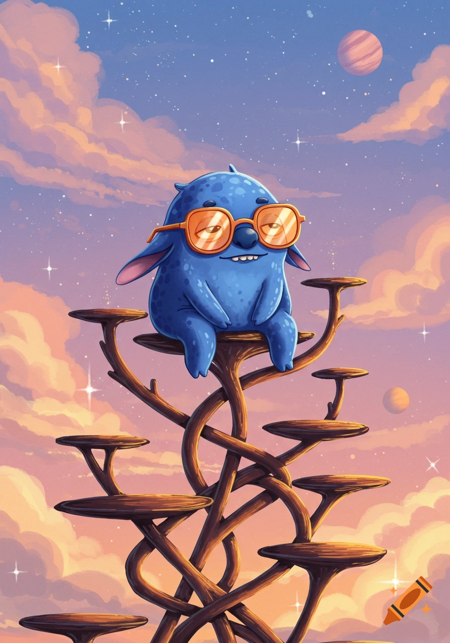 A cute blue creature with orange sunglasses sits on a winding tree in a dreamy pastel sky with clouds and planets.