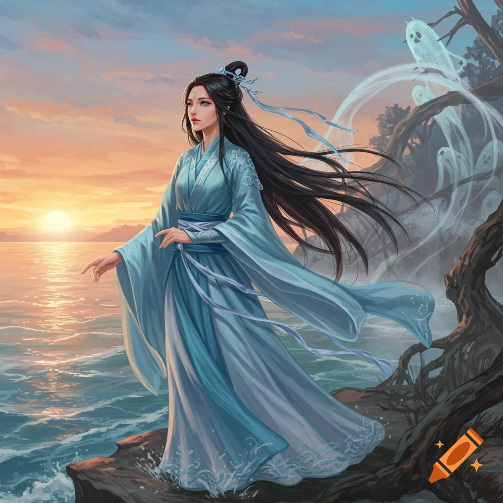 A woman in a flowing blue dress stands on a rocky shore at sunset, with spirits floating among nearby trees.