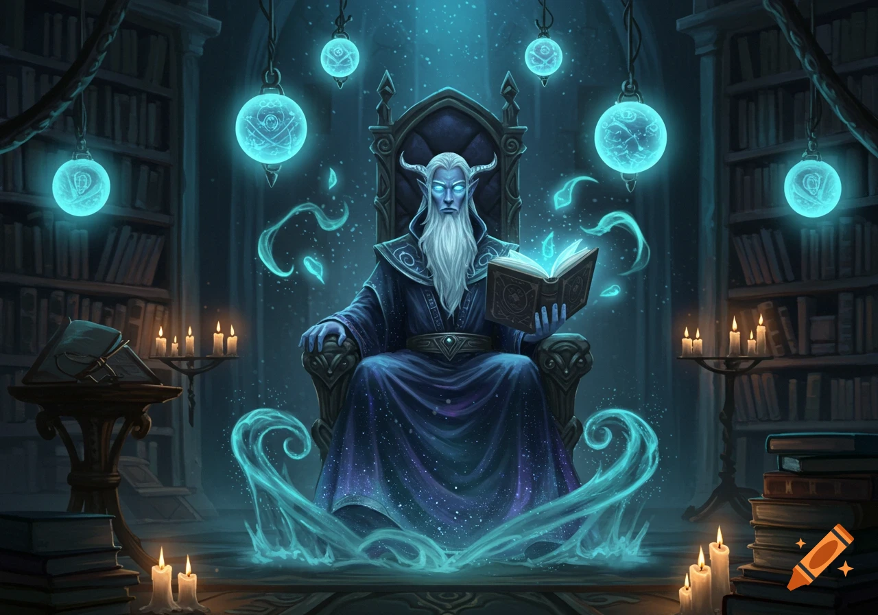 A wise old wizard with glowing blue eyes and a long white beard sits on a throne in a magical library, holding an open book.