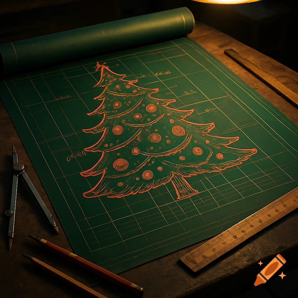A red line drawing of a Christmas tree on a dark green architectural blueprint, with drafting tools and a ruler on a wooden table.