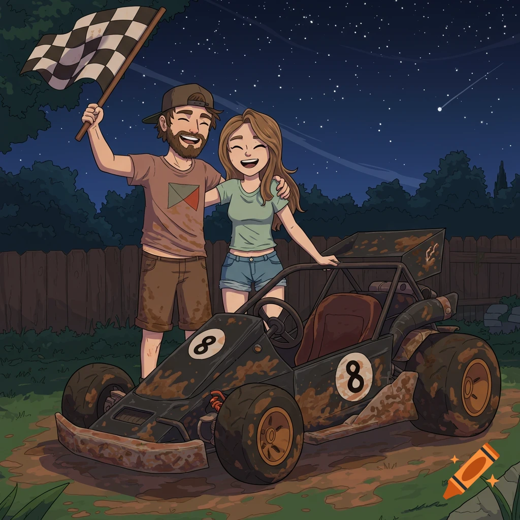 Cartoon illustration of a smiling couple with a muddy go-kart at night. The man holds a checkered flag, and the kart has the number 8.