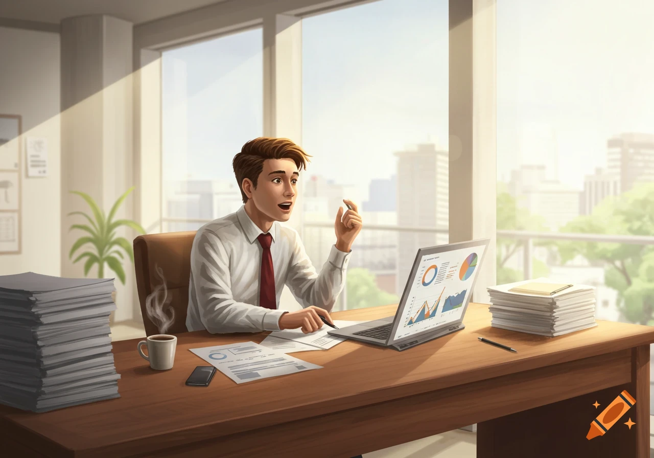 An excited cartoon employee sits at an office desk with a laptop displaying charts, gesturing with his hand. Stacks of papers are on the desk.