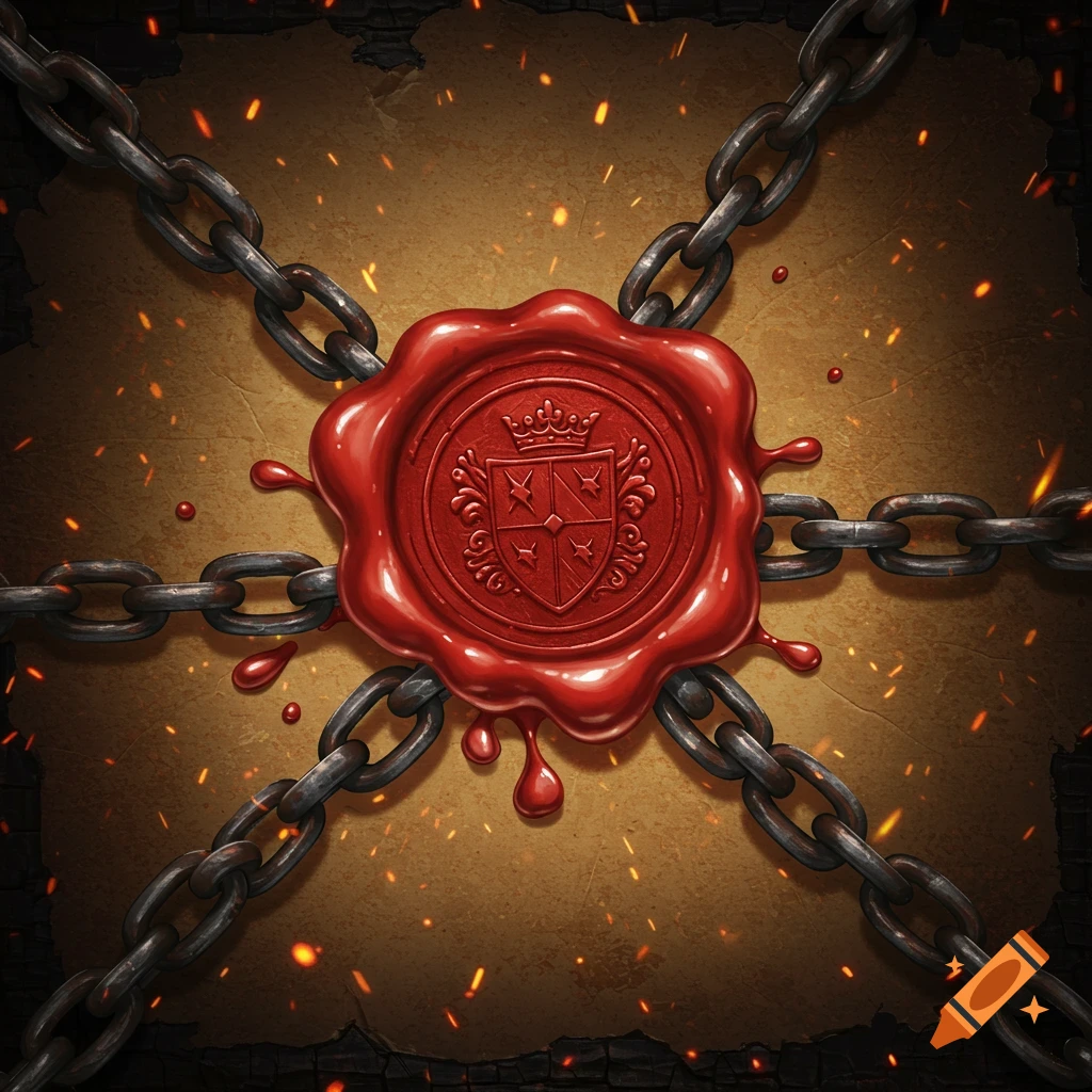A medieval stylized red wax seal with a crest, centered on old burnt paper, surrounded by dark chains with glowing fire sparks.