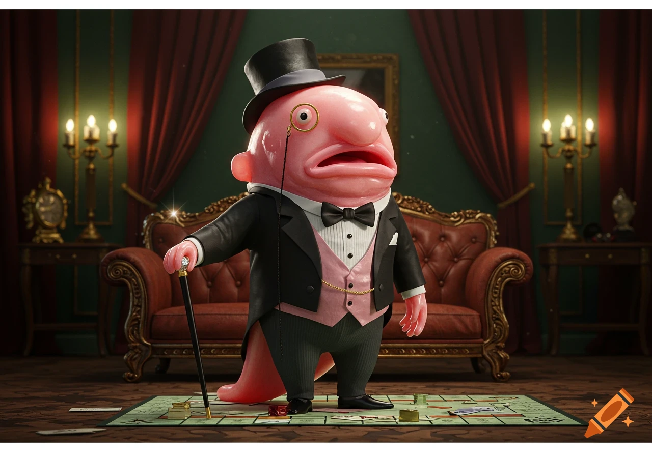 A pink blob fish in a tuxedo and top hat with a monocle stands on a Monopoly board, holding a cane in a luxurious room.