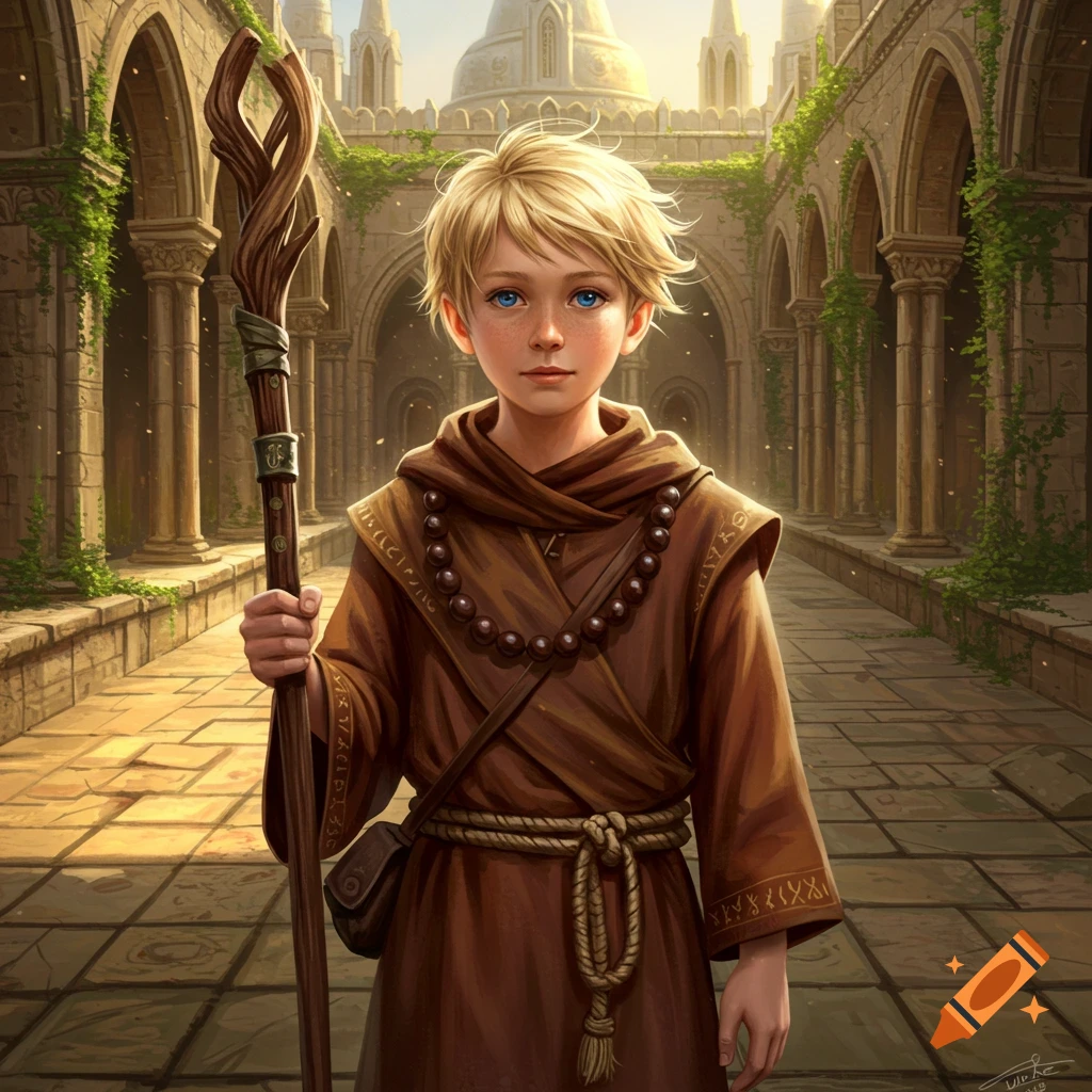 Blonde boy in a brown monk robe holding a staff in a stone cloister with arches and vines, digital painting.