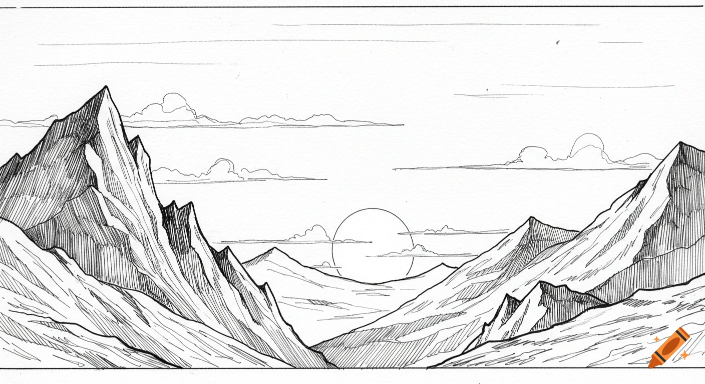 Line drawing of a panoramic mountain landscape with a large sun setting between two peaks.