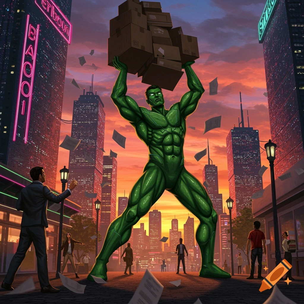 A giant green superhero in a city at sunset, lifting a stack of boxes over his head as people watch below. Papers fly through the air.