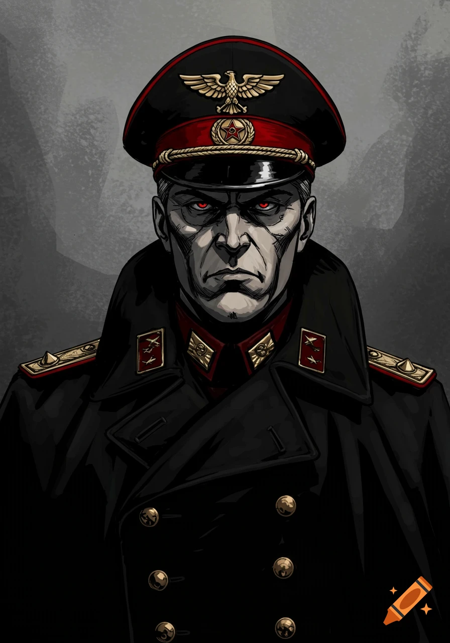 A stern male commissar in a black, red, and gold military uniform with a great coat and officer's hat, featuring red eyes and sharp features, in a drawn art style.