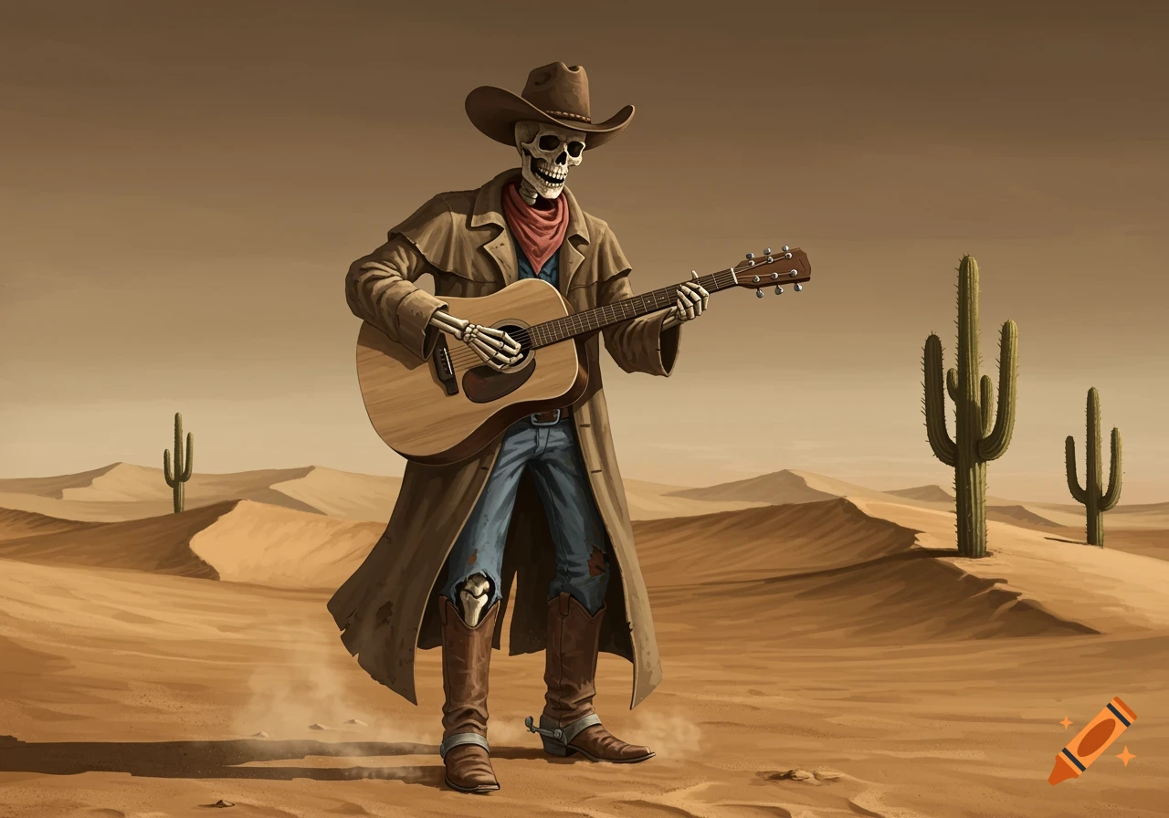 A skeleton dressed as a cowboy plays an acoustic guitar in a sandy desert with saguaro cacti and dunes.
