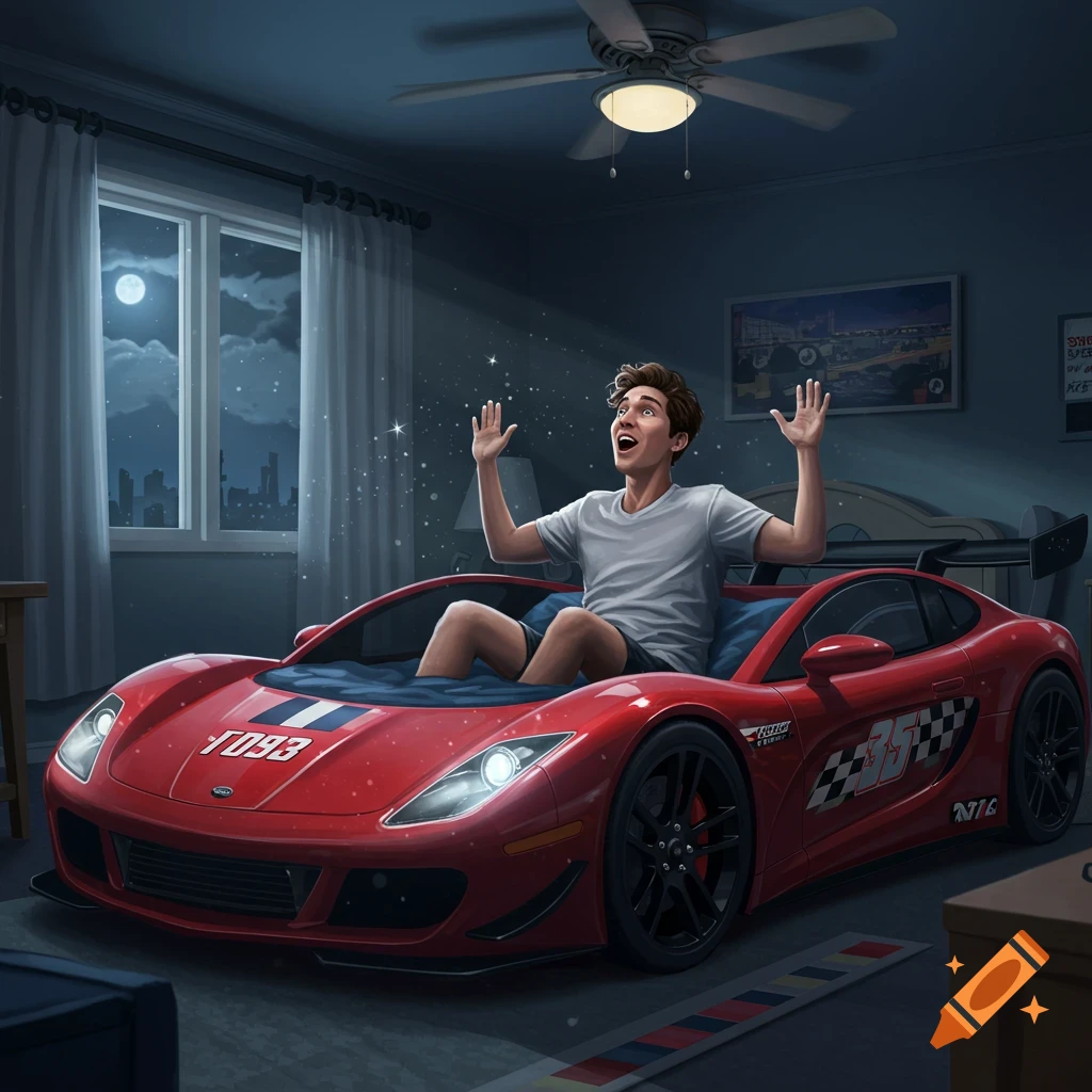 A young man with hands raised, looking up in wonder, sitting in a red race car bed in a bedroom at night with a full moon visible outside the window.
