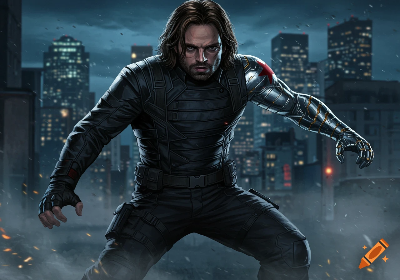 Illustration of Bucky Barnes (Winter Soldier) with his metal arm, in a dark city at night.