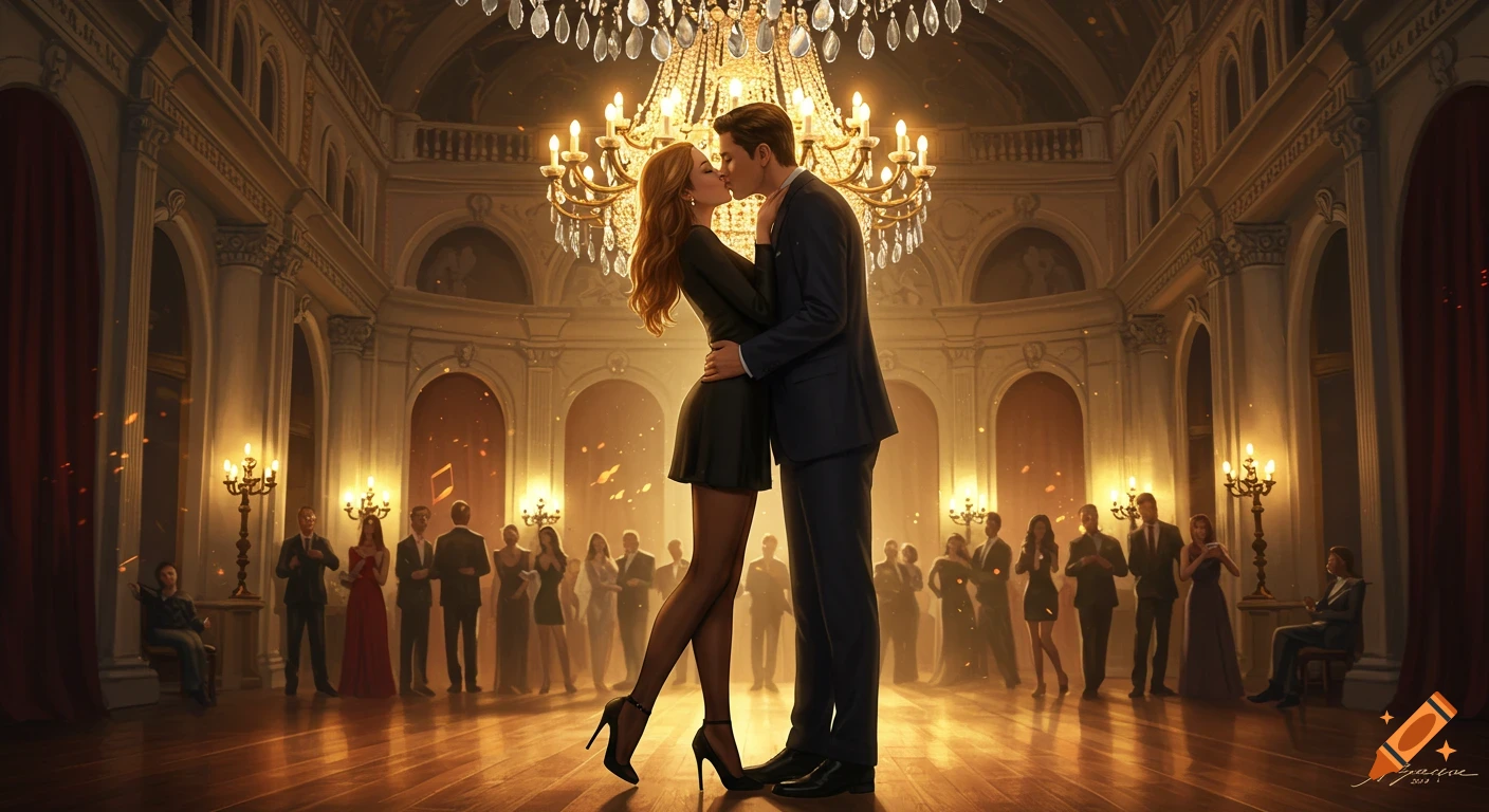 A man and woman in formal attire kiss under a grand chandelier at a crowded gala, rendered in a romantic, illustrative style.
