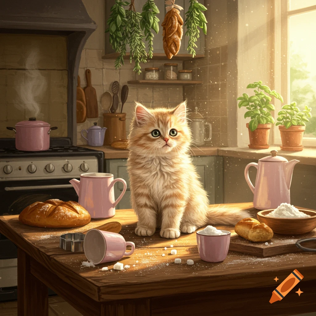 A fluffy ginger kitten sits on a kitchen table surrounded by baking ingredients, including flour, bread, and pink teacups.