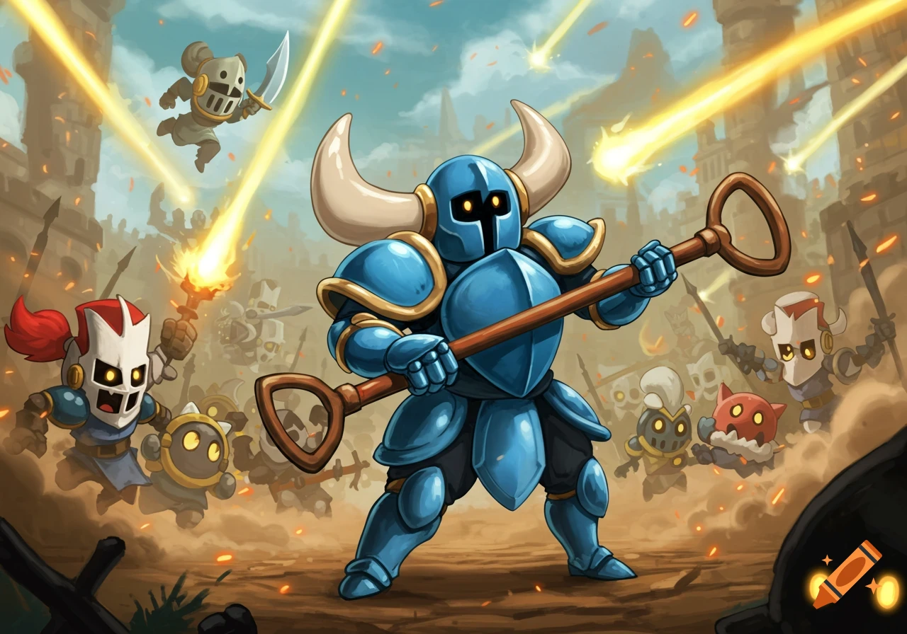 Shovel Knight in blue armor wielding his shovel, standing amidst a cartoon battle with Castle Crasher-style knights and explosions.