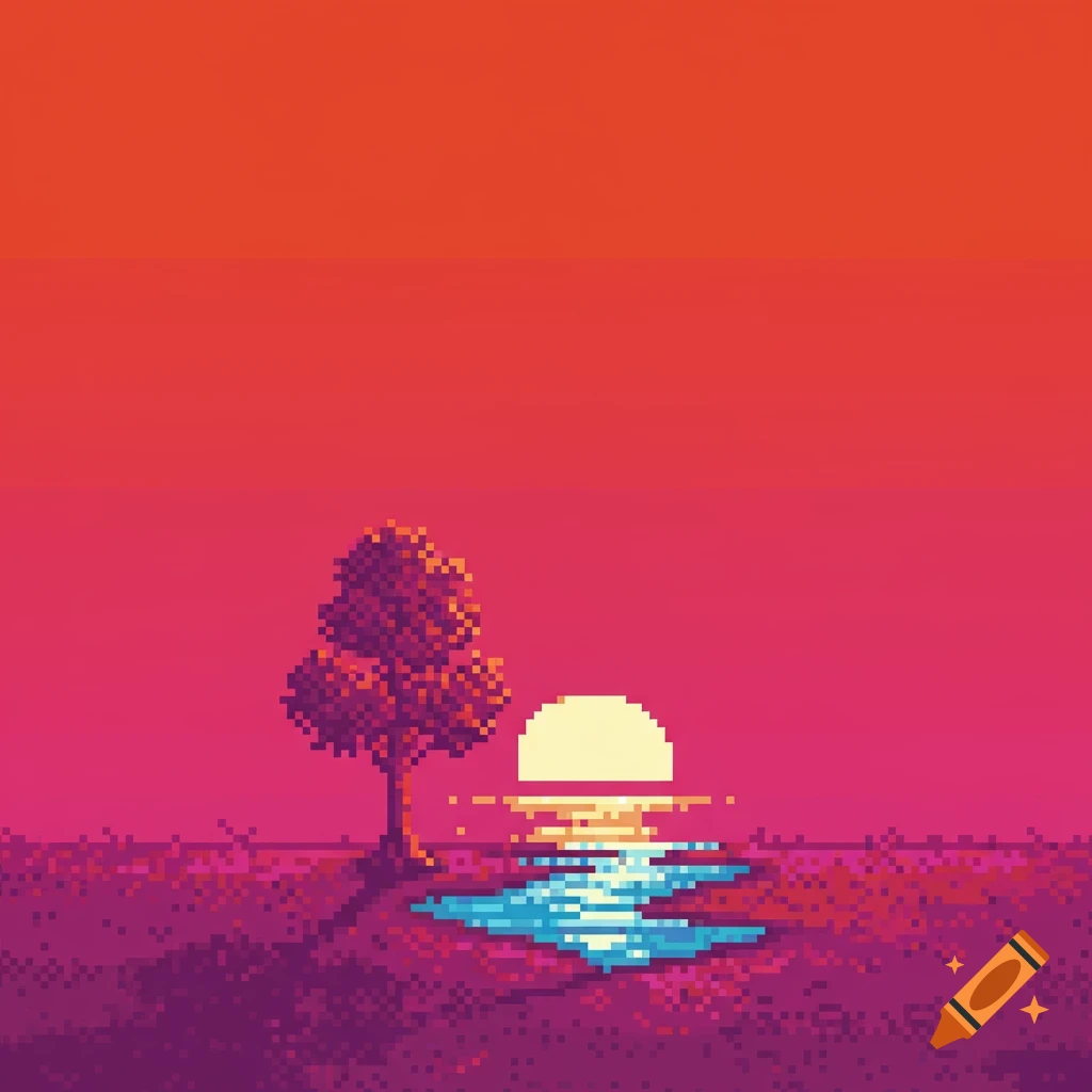 A pixel art landscape depicting a sunset over water with a lone tree on the left.