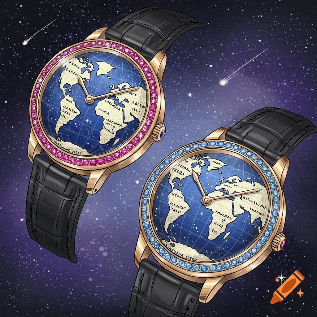 Two cartoon-style golden watches with black straps. Each watch face is a blue globe with continents, adorned with pink or blue jewels, set against a starry purple galaxy background with shooting stars.