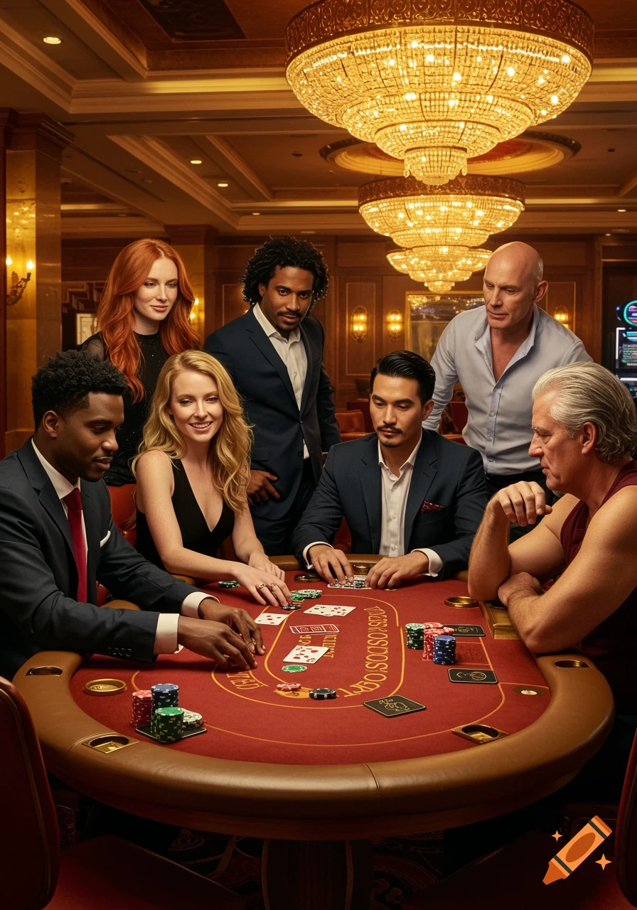 A diverse group of people playing poker at a luxurious casino table under large chandeliers, photorealistic.