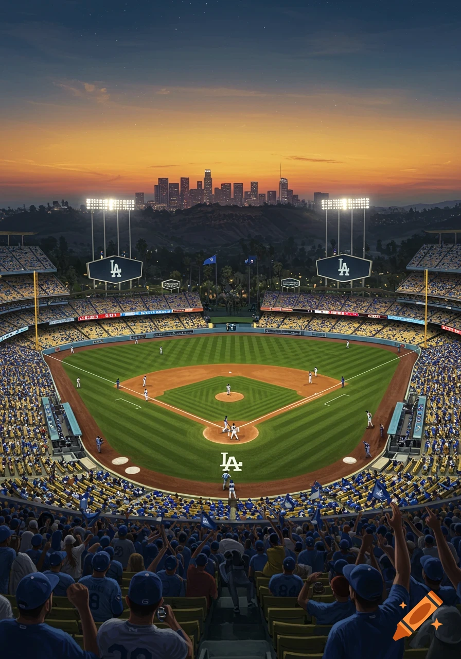 A wide view of Dodger Stadium during a baseball game at sunset, with the Los Angeles skyline in the background.