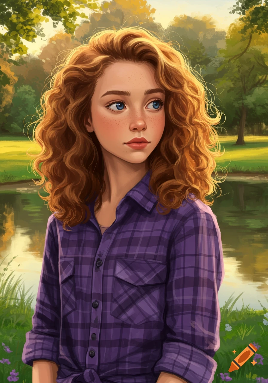 Illustration of a girl with curly red hair and blue eyes in a purple flannel shirt, standing outdoors by a pond.