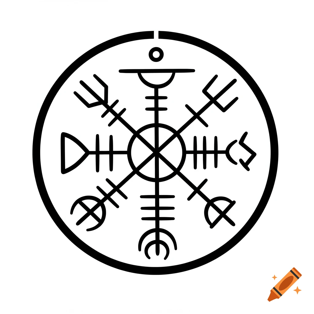 A black and white symmetrical abstract pagan sigil enclosed in a circle.