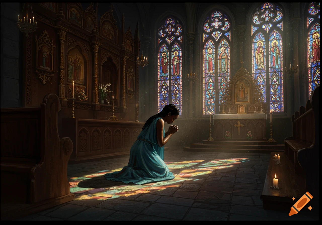A Black woman kneels in prayer inside a grand church with stained glass windows casting colorful light on the stone floor.