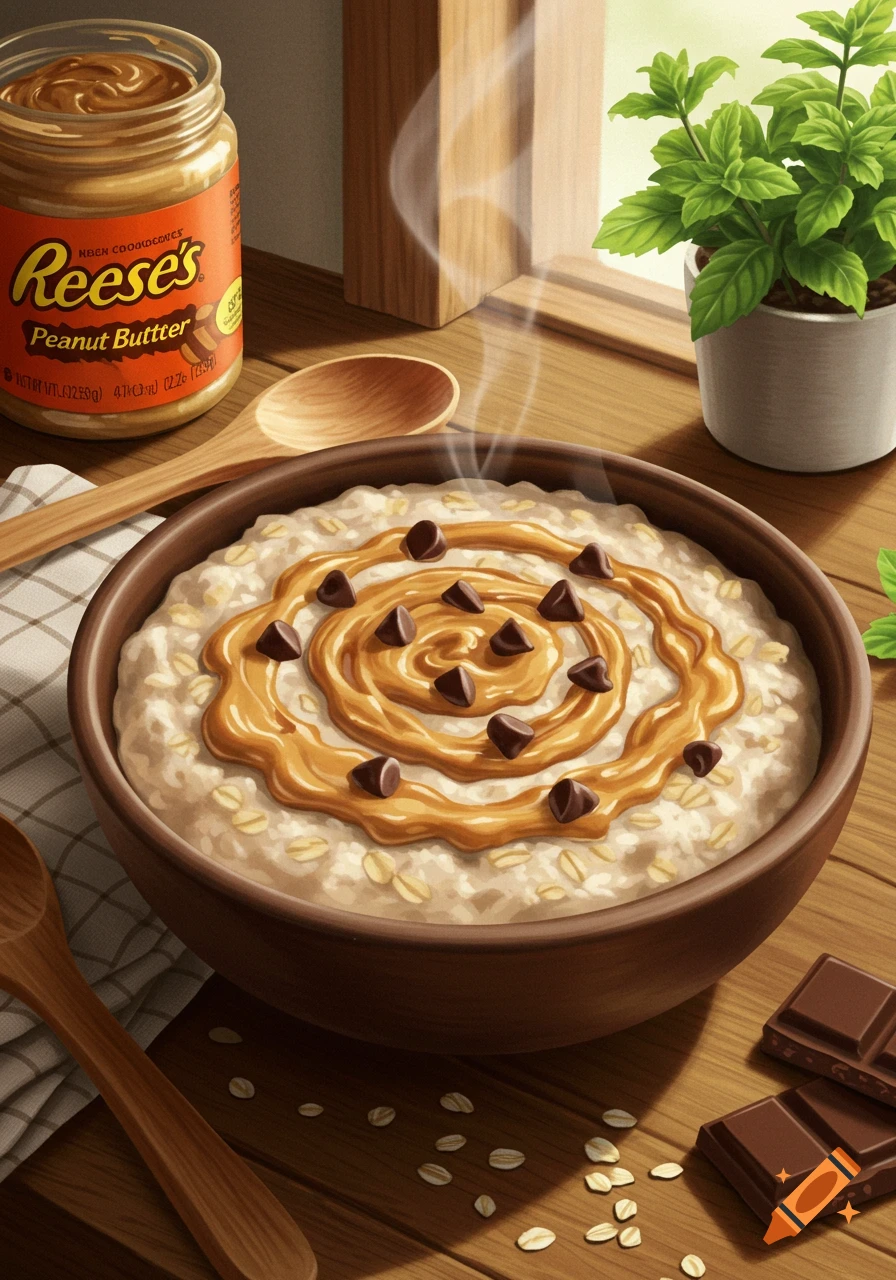 A bowl of oatmeal topped with a peanut butter swirl and chocolate chips, next to a Reese's Peanut Butter jar and chocolate bars on a wooden table.