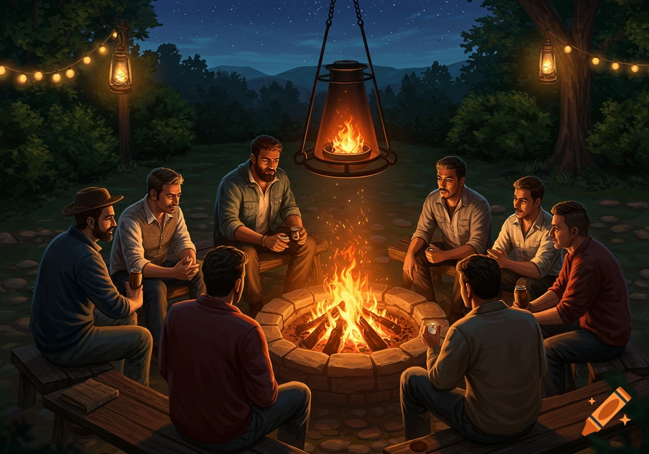 Group of men sitting around a campfire at night, illuminated by string lights and hanging lanterns in a forest setting.