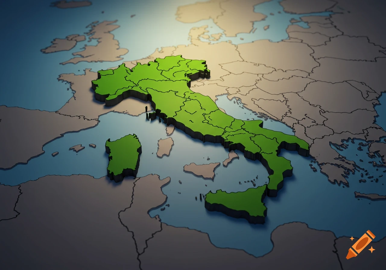 A 3D relief map of Italy, highlighted in green, on a light brown and blue map of Europe.