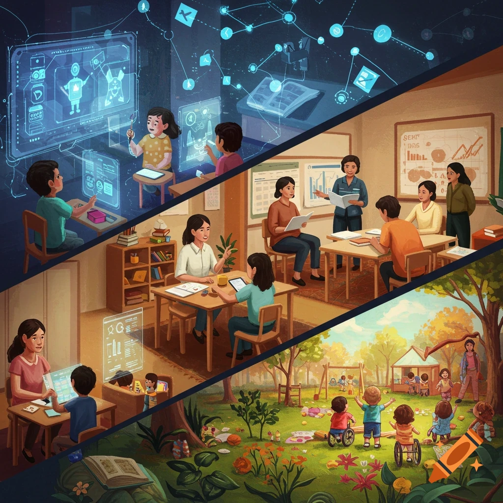 An illustration in three sections showing modern education: a top section with children interacting with holographic AI displays, a middle section with teachers in a classroom, and a bottom section with diverse children playing outdoors.