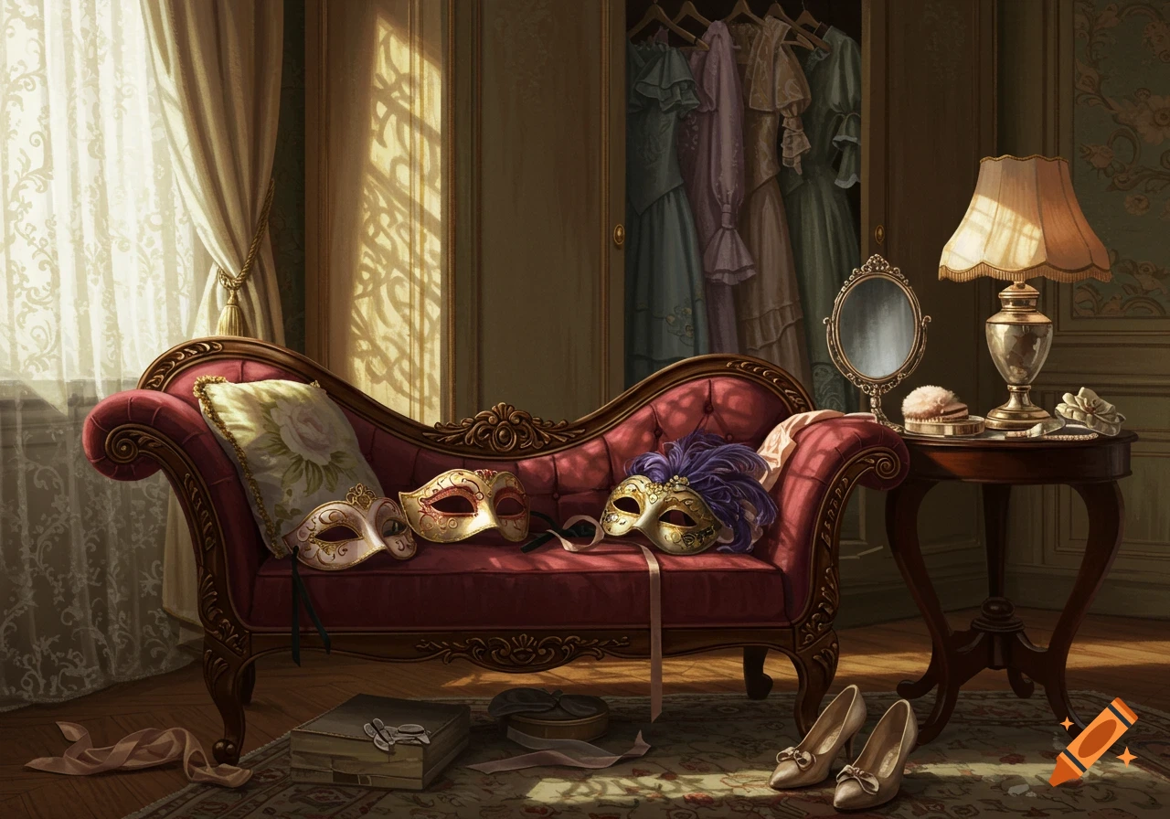 A richly decorated dressing room with a red chaise lounge, three masquerade masks, and an open wardrobe revealing colorful gowns. Light streams through a window, illuminating high heels and vanity items on a side table.