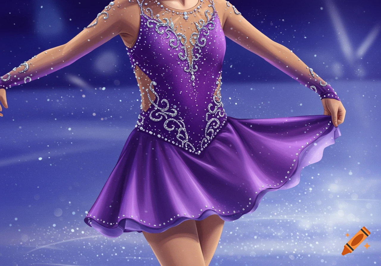 Close-up of a figure skater in a shimmering purple dress adorned with silver and white crystals on an ice rink.