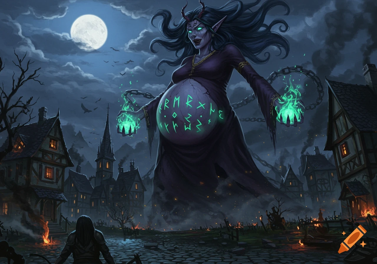 A colossal, pregnant evil elven witch with glowing green eyes and hands, adorned with horns and runes on her belly, looms over a destroyed medieval town under a full moon.