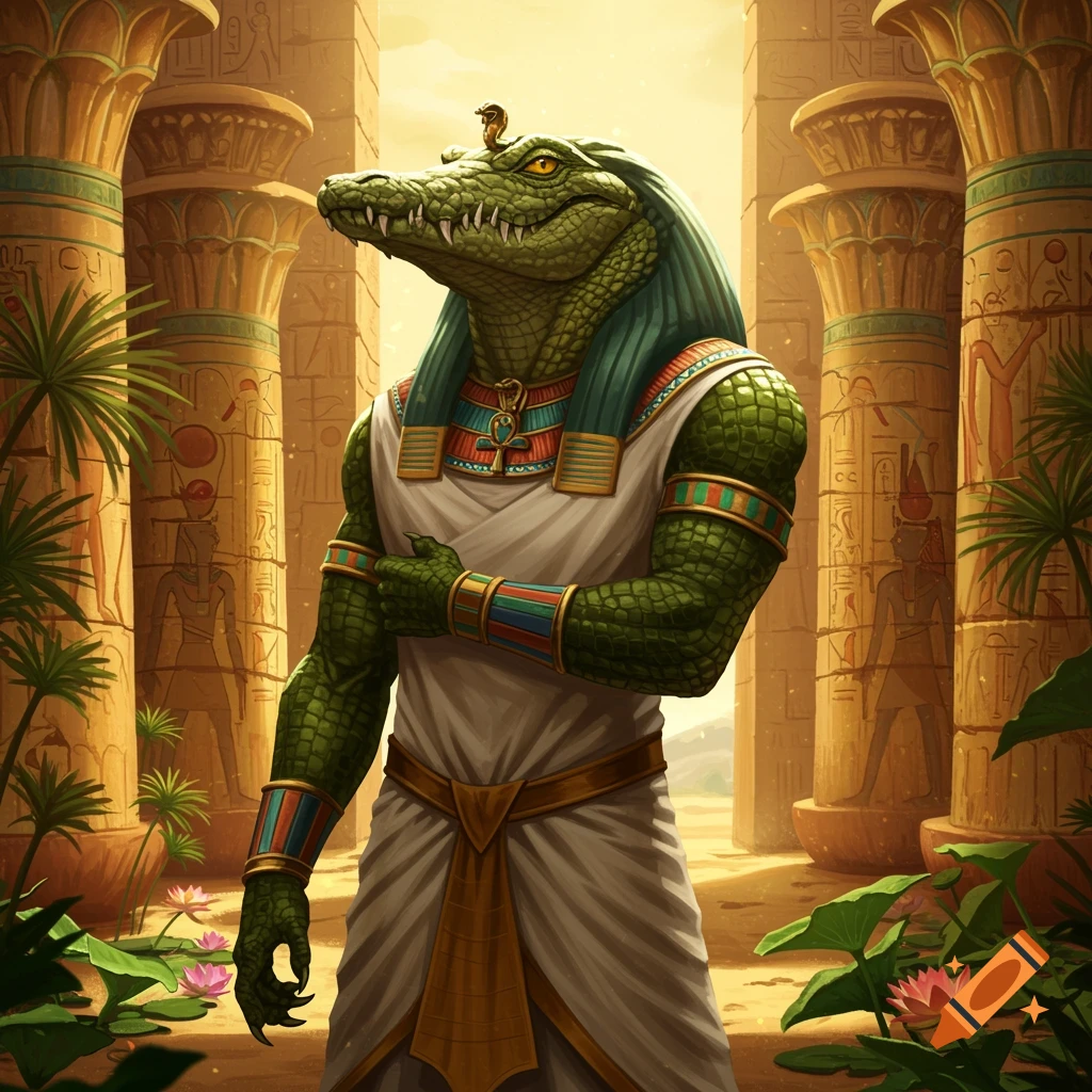 A majestic crocodile-headed deity, Sobek, stands wearing Egyptian attire in an ancient temple with hieroglyph-covered columns.