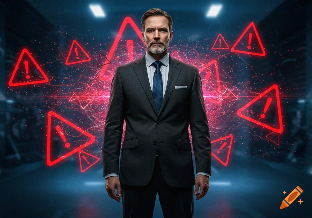 A photorealistic man in a dark business suit stands against a digital background filled with glowing red warning symbols.