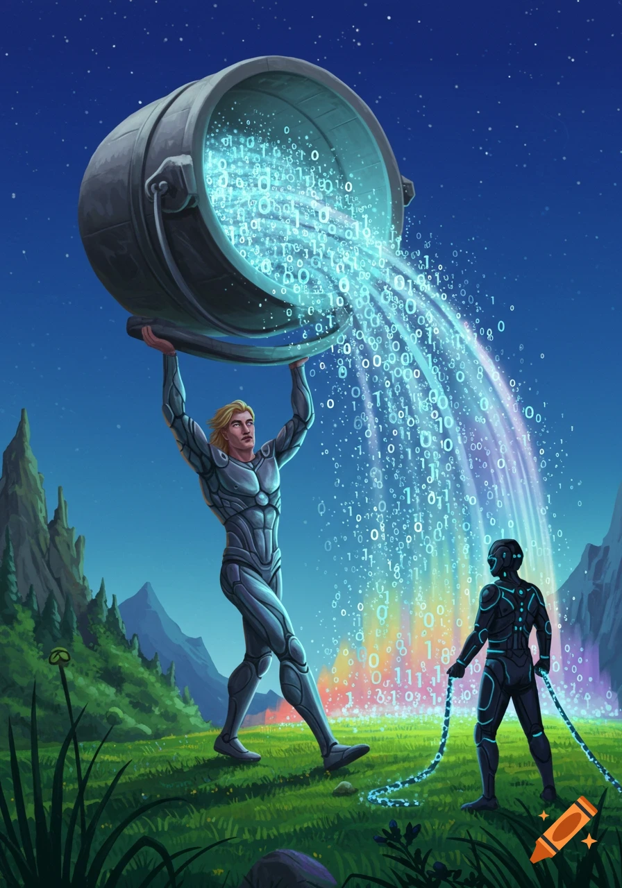 A man in a futuristic suit pours binary data from a giant bucket onto a rainbow stream, as another man holds glowing chains in a green landscape.
