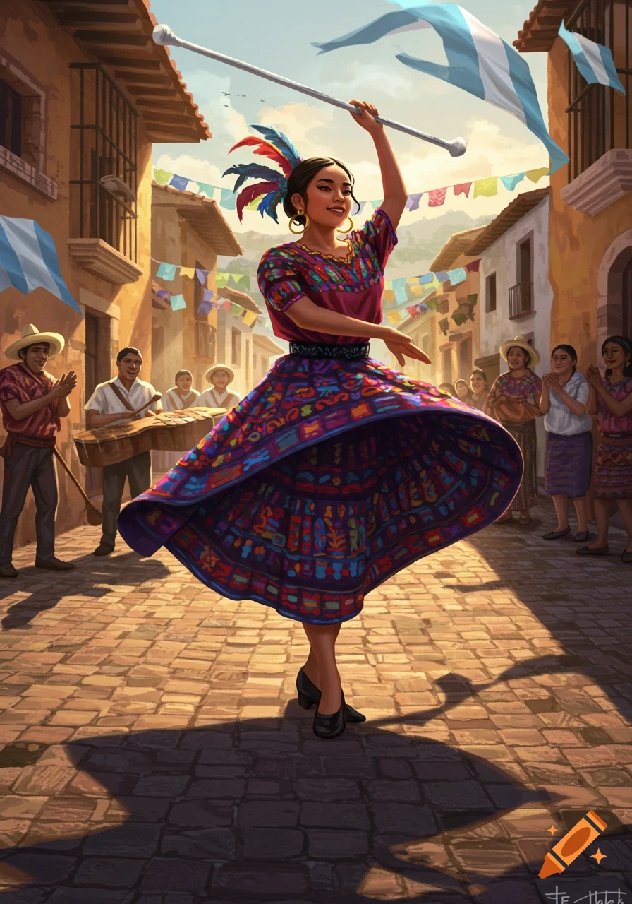 A colorful illustration of a Guatemalan woman dancing in a traditional dress on a cobblestone street, holding a flag-like object. People watch in the background amidst festive decorations.