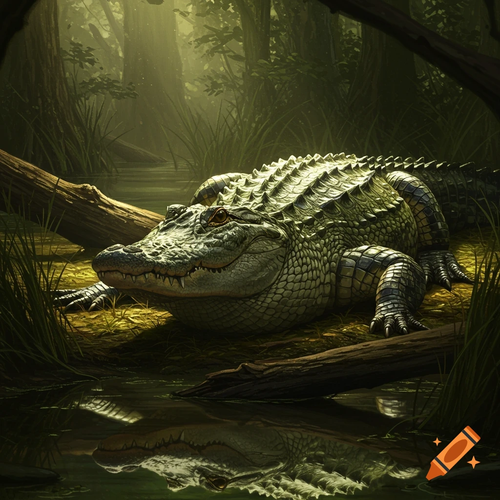 A photorealistic alligator rests by the water in a dense, sunlit swamp, its reflection visible.