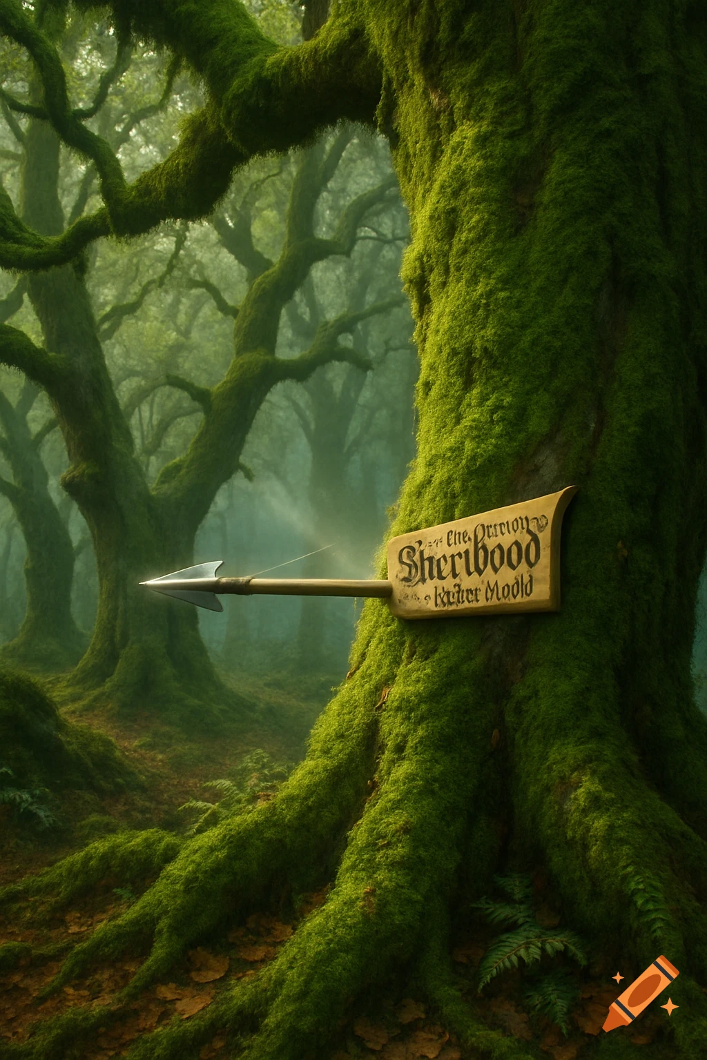 A mossy, ancient forest with a wooden sign shaped like an arrow stuck in a tree, pointing to "Sherwood" amidst misty trees.