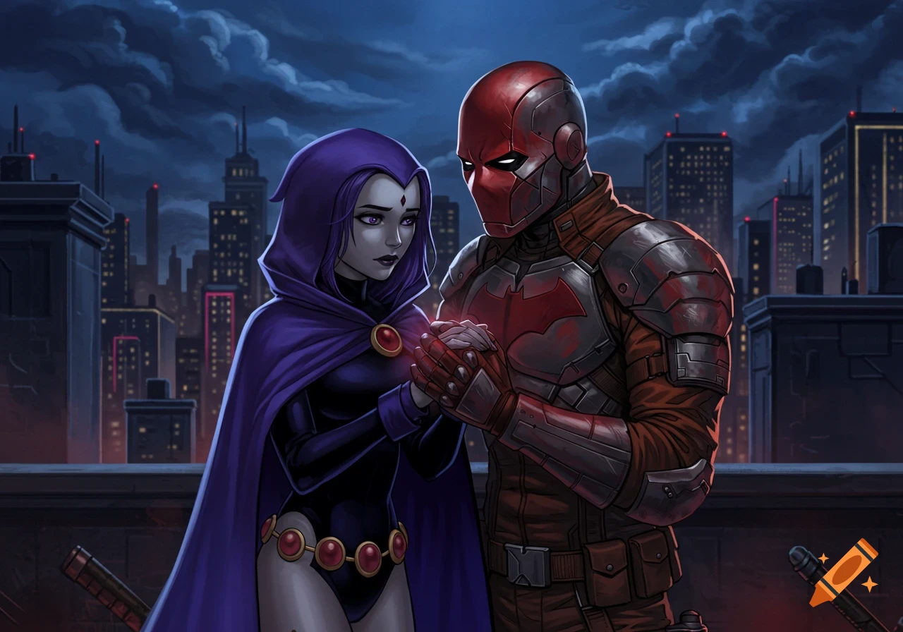 Comic art of Raven in a purple cloak holding hands with Red Hood on a city rooftop at night.