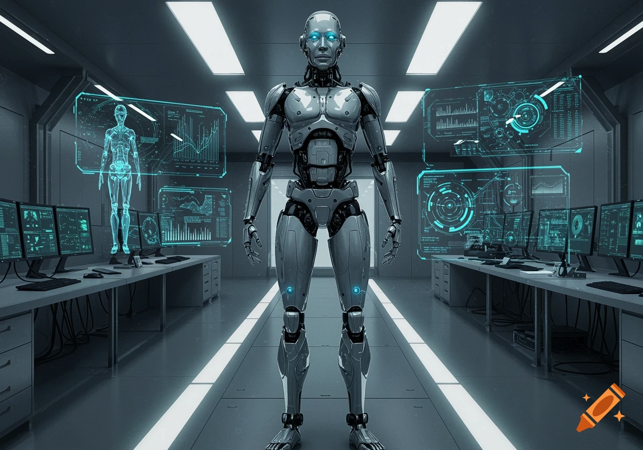 A photorealistic humanoid robot stands in a futuristic lab surrounded by holographic displays and computer monitors.