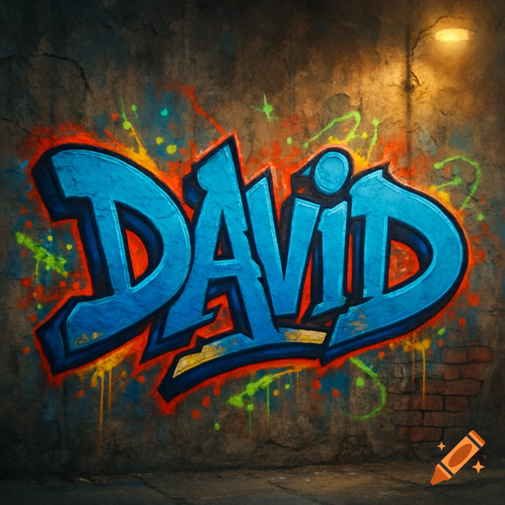 Blue graffiti tag of the name David on a grungy concrete wall with colorful paint splatters and an overhead light.
