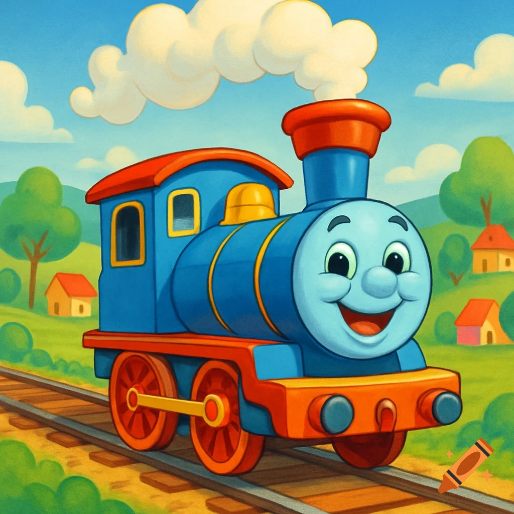 A cheerful, blue and orange cartoon train with a smiling face on its front drives on tracks through a green, hilly landscape with small houses and a blue sky with clouds.