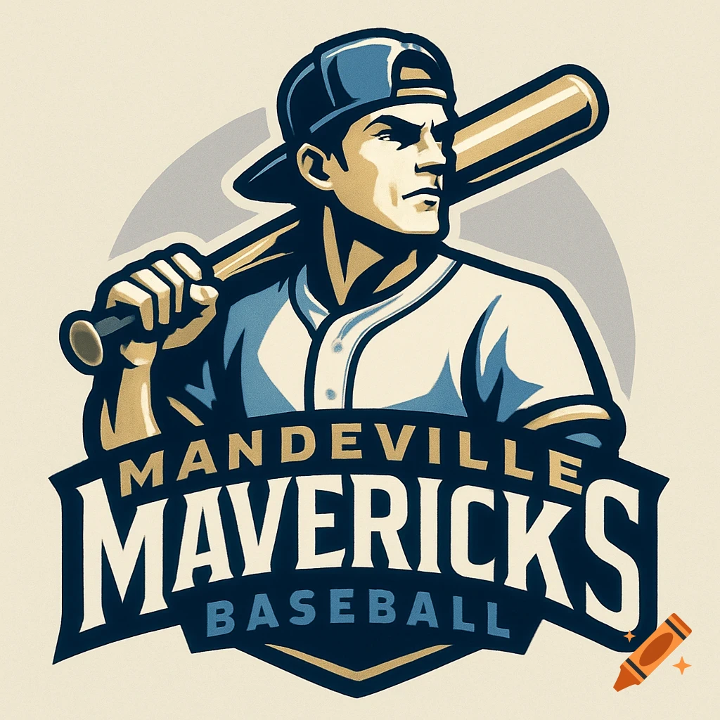 Baseball team logo featuring a stylized player with a backward cap and bat, with 'MANDEVILLE MAVERICKS BASEBALL' text.