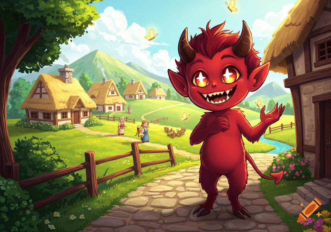 A smiling red cartoon devil with horns and a tail stands on a stone path in a sunny animated village.