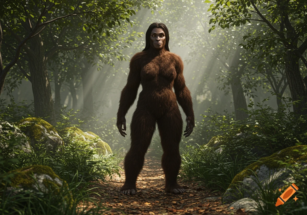 A photorealistic depiction of a female Bigfoot standing on a path in a sunlit forest.