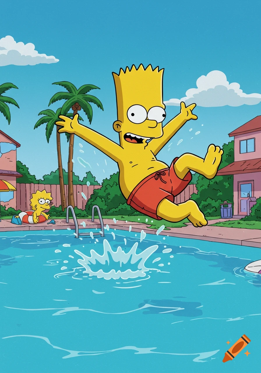 Bart Simpson jumps into a swimming pool as Lisa watches in the background, in a cartoon style.